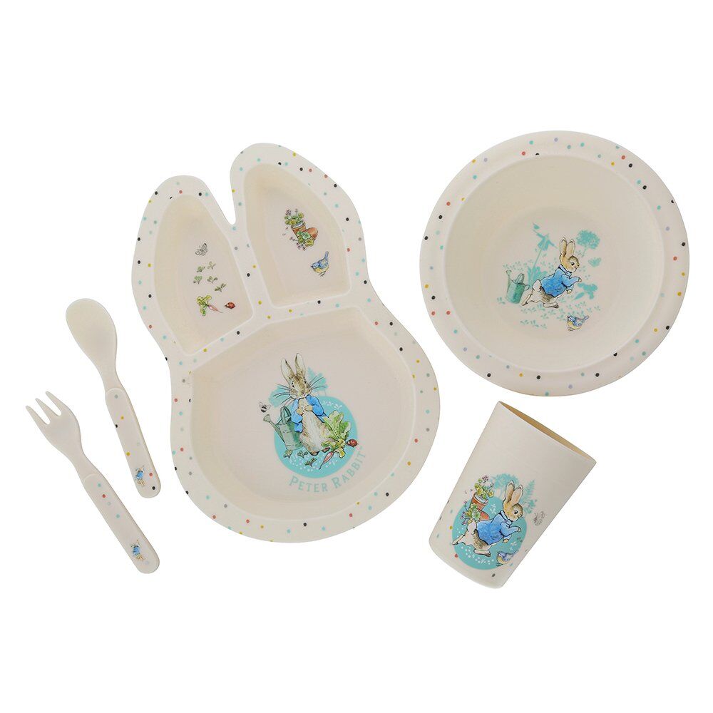 Peter Rabbit children's 5 piece bamboo dinner set - bunny shaped divided plate, bowl, cup, fork and spoon, toddler mealtime gift, Little Cutlery Australia