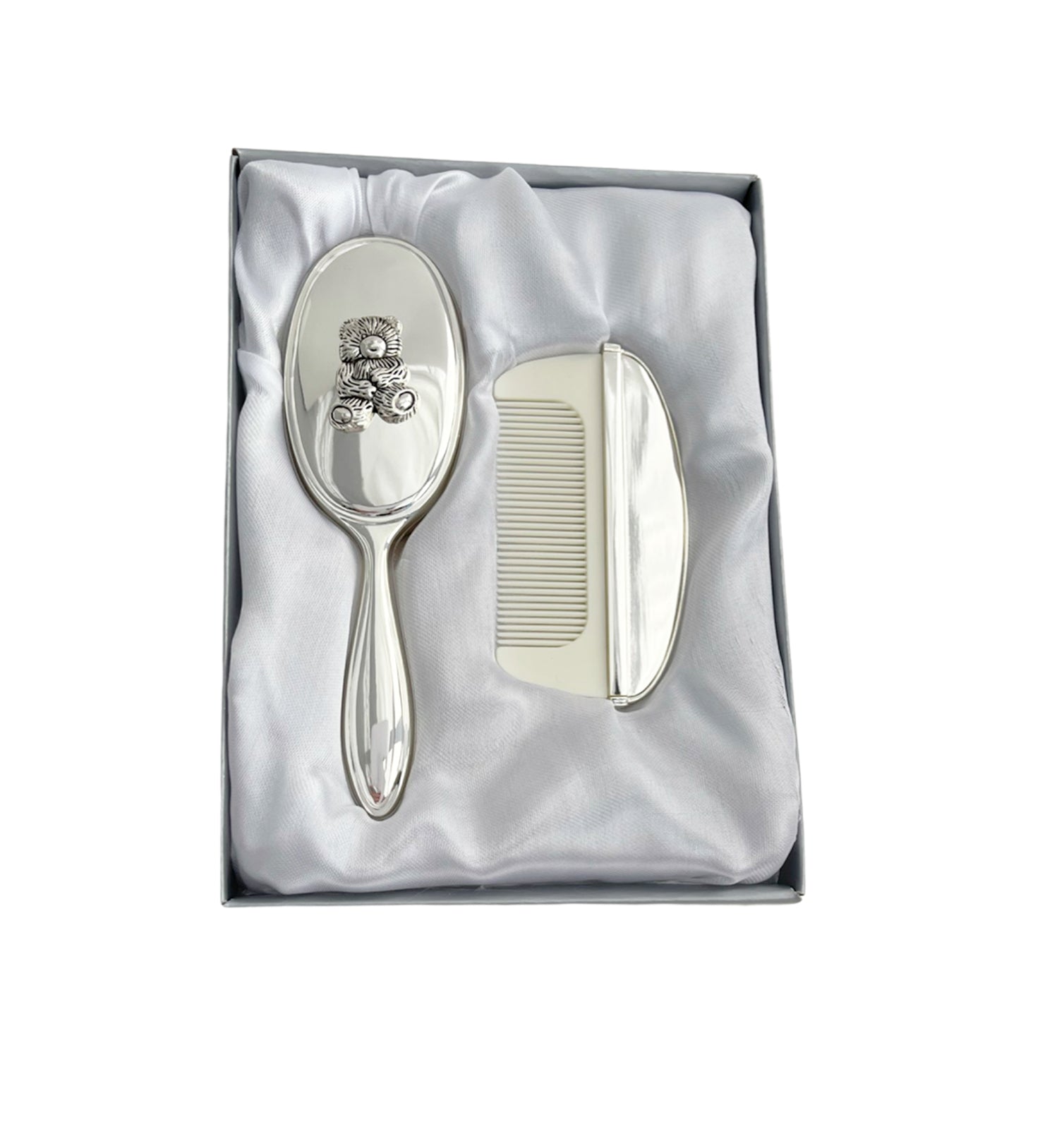 Silver plated baby brush and comb set with teddy bear design in gift box - newborn baby shower gift, Little Cutlery Australia