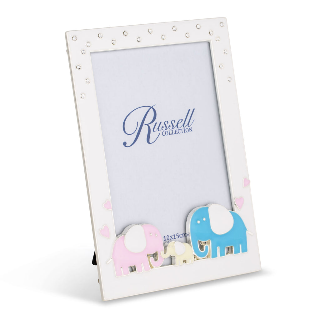 Russell Collection elephant family children's photo frame - white 10x15cm picture frame with pink and blue elephant design, baby gift, Little Cutlery Australia
