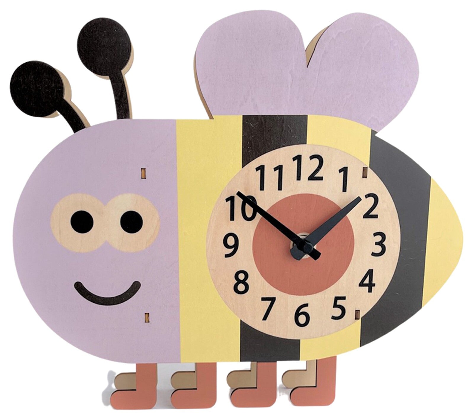 Wooden bee shaped children's wall clock in purple yellow and black - kids bedroom decor, Little Cutlery Australia