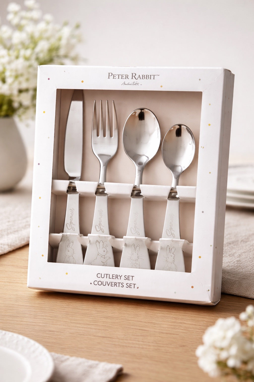 Peter Rabbit personalised children's cutlery set in gift box - engraved fork, knife and spoons, Little Cutlery Australia