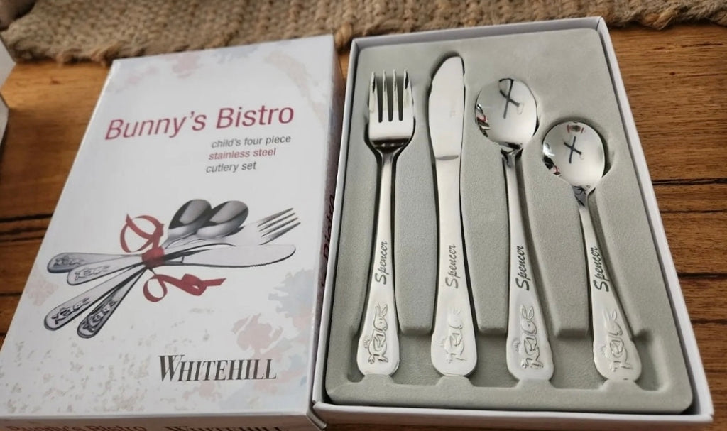 Whitehill Bunny's Bistro personalised engraved children's cutlery set - 4 piece stainless steel knife fork and spoons in gift box, Little Cutlery Australia