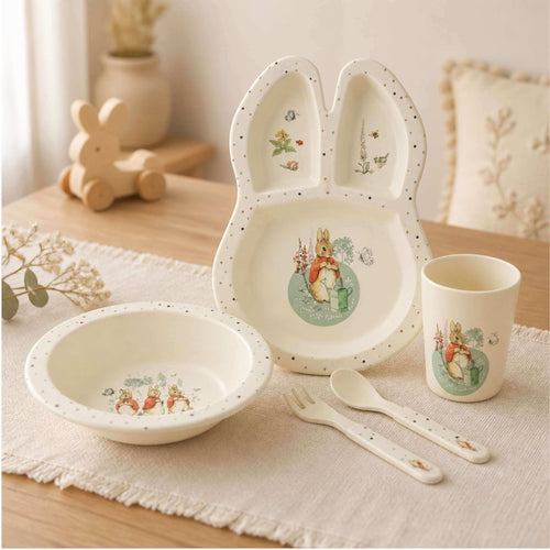 Beatrix Potter Flopsy 5 piece children's dinner set with bunny shaped divided plate bowl cup fork and spoon - kids mealtime gift, Little Cutlery Australia