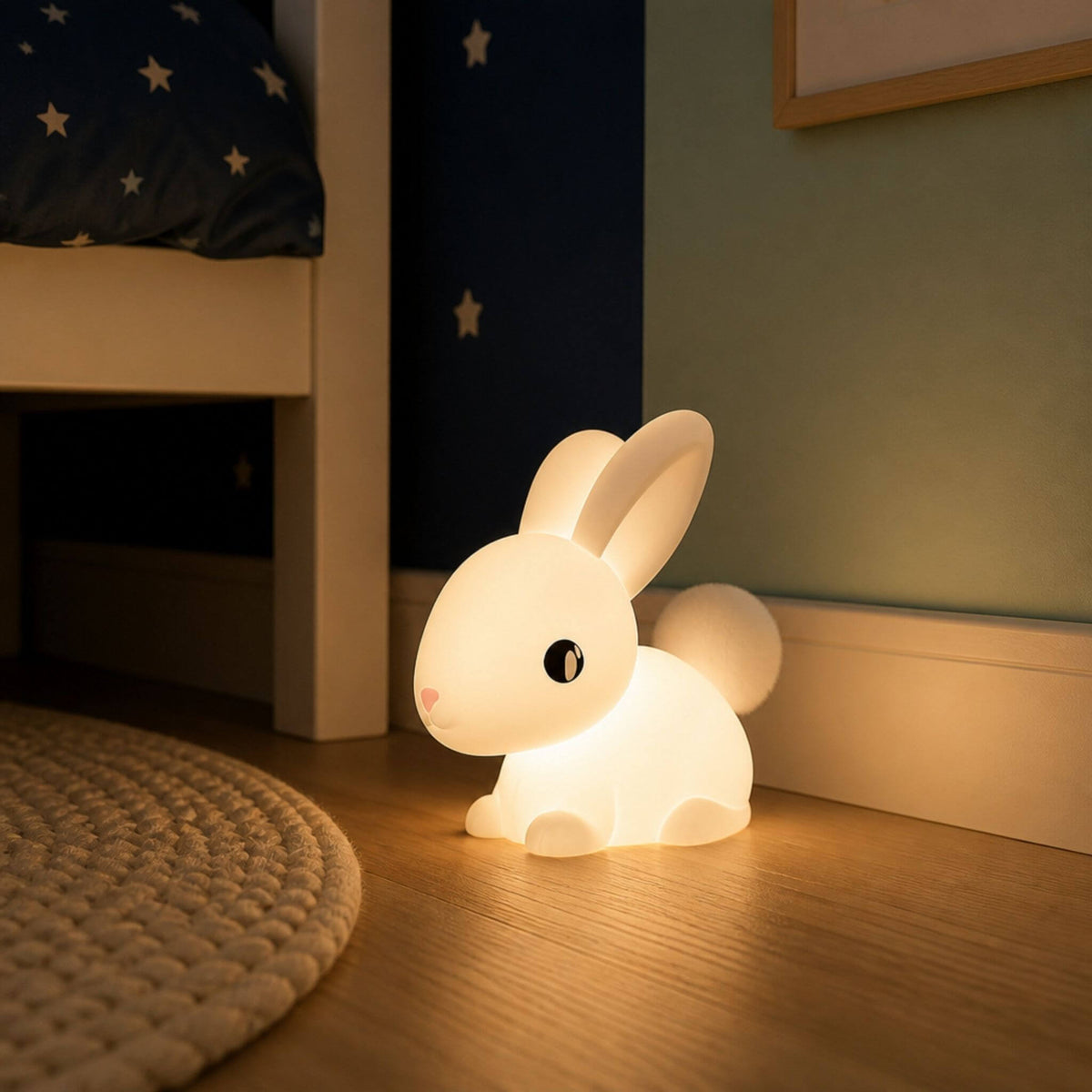 Glowing bunny-shaped silicone LED night light sitting on the floor beside a bed in a dimly lit children's bedroom