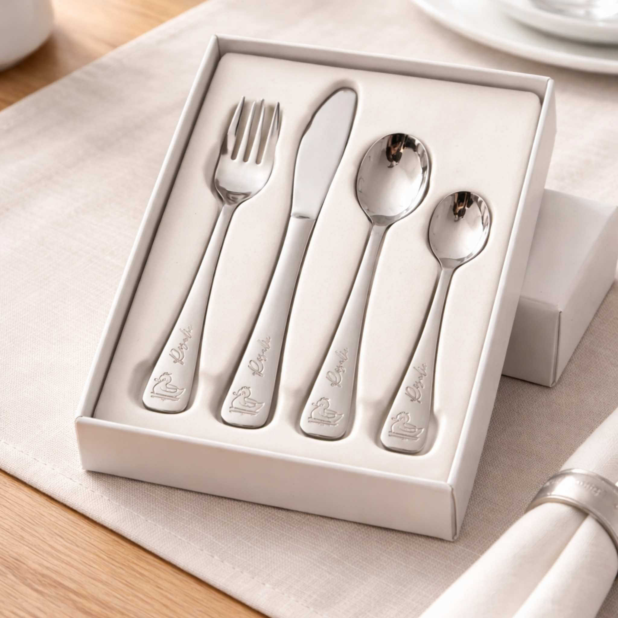 Personalised engraved children's cutlery set in gift box - fork, knife and spoons with duck design, Little Cutlery Australia
