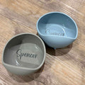 Personalised silicone children's bowl in grey and blue with engraved name Spencer - toddler mealtime gift available in two colours, Little Cutlery Australia