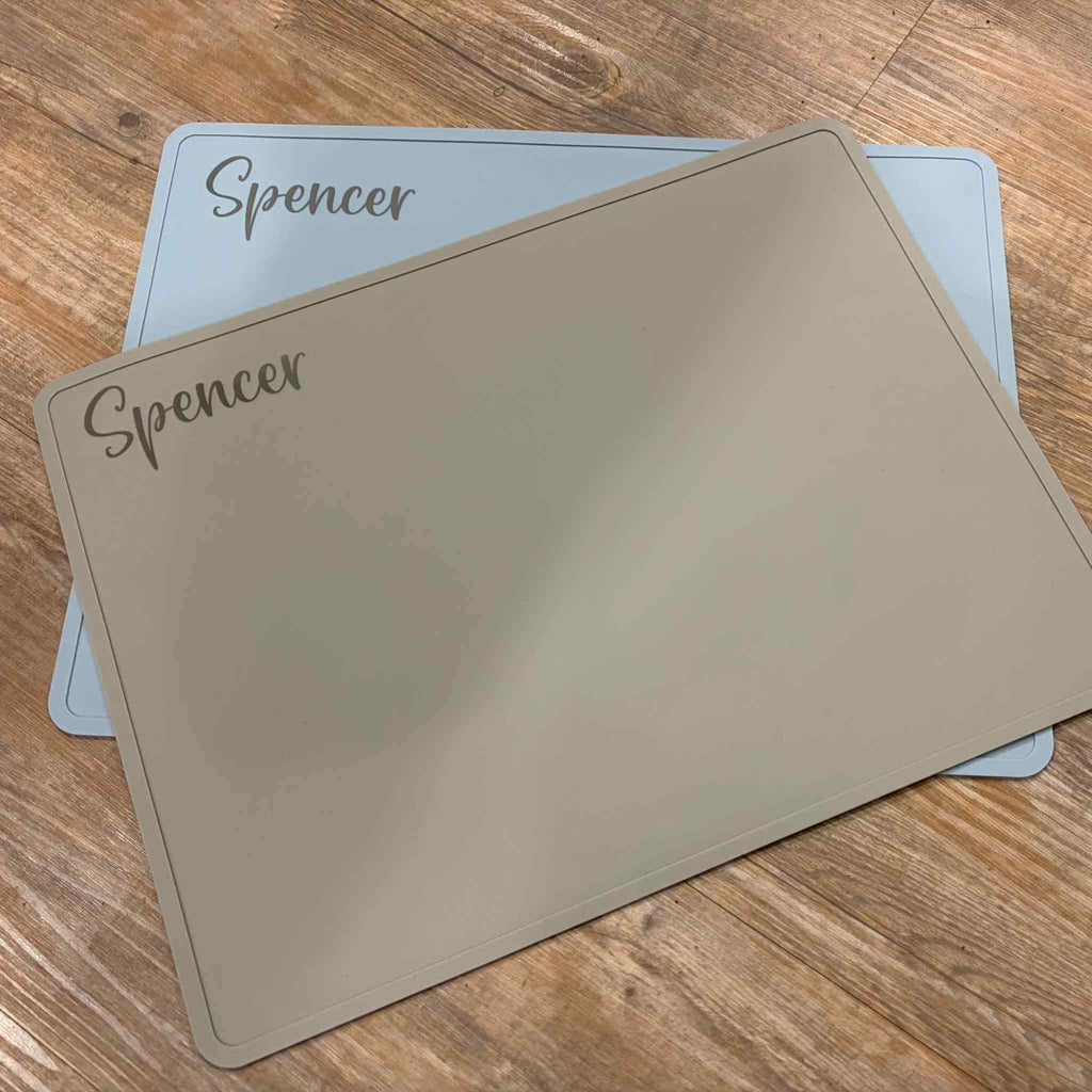 Personalised silicone children's placemat in grey and blue with engraved name Spencer - toddler mealtime gift available in two colours, Little Cutlery Australia
