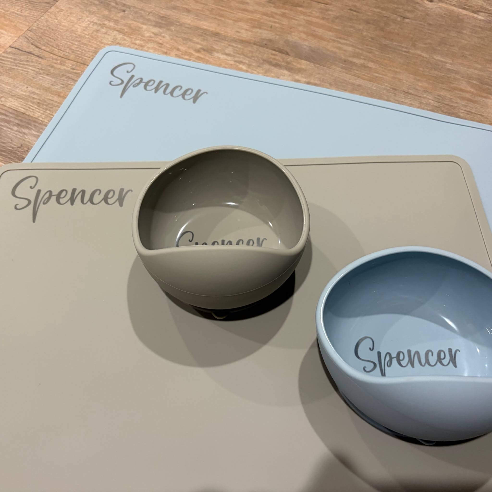 Personalised silicone placemat and bowl matching set in grey and blue with engraved name Spencer - toddler mealtime gift showing full coordinated set, Little Cutlery Australia