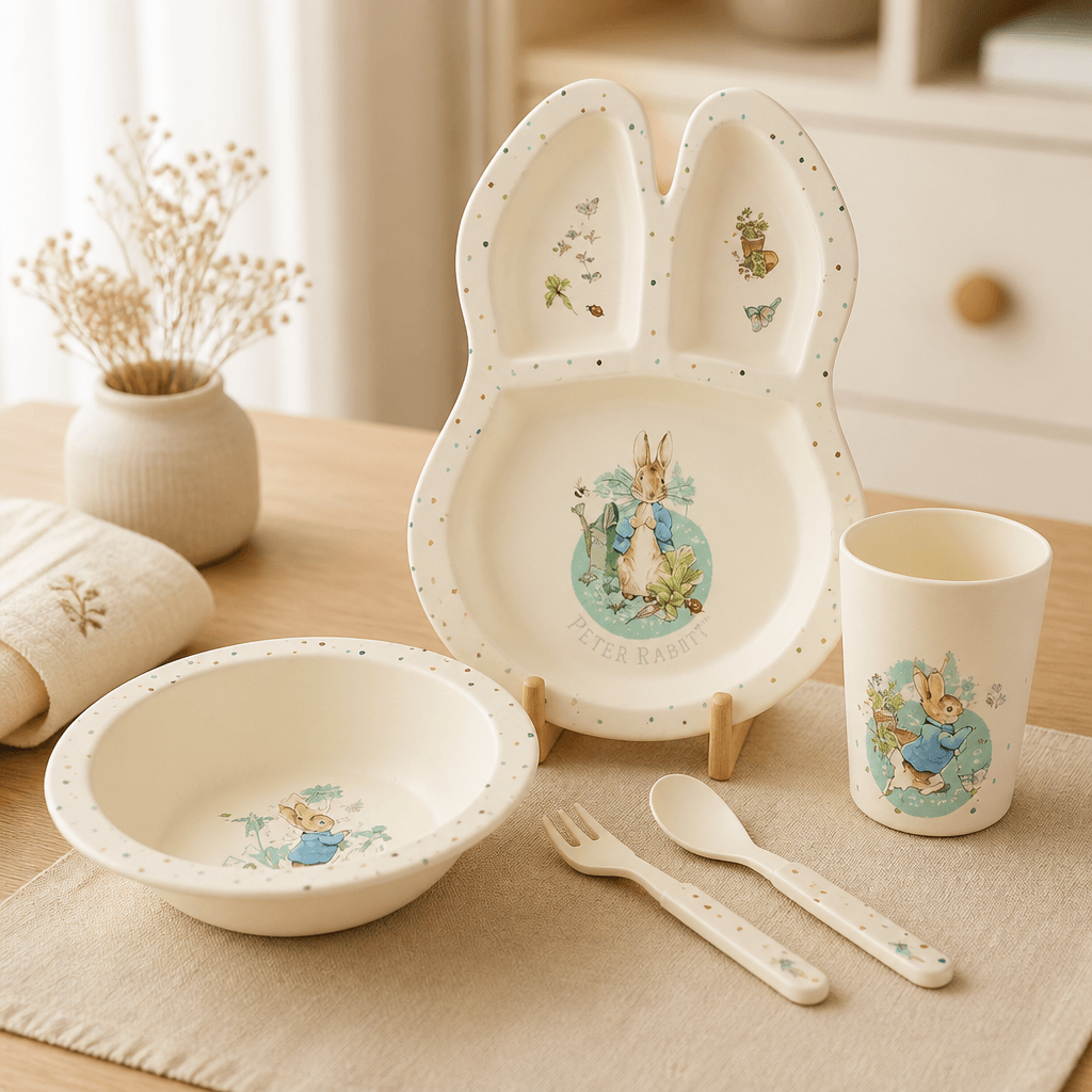 Peter Rabbit children's 5 piece bamboo dinner set with bunny shaped divided plate bowl cup fork and spoon - lifestyle shot on timber table, Little Cutlery Australia