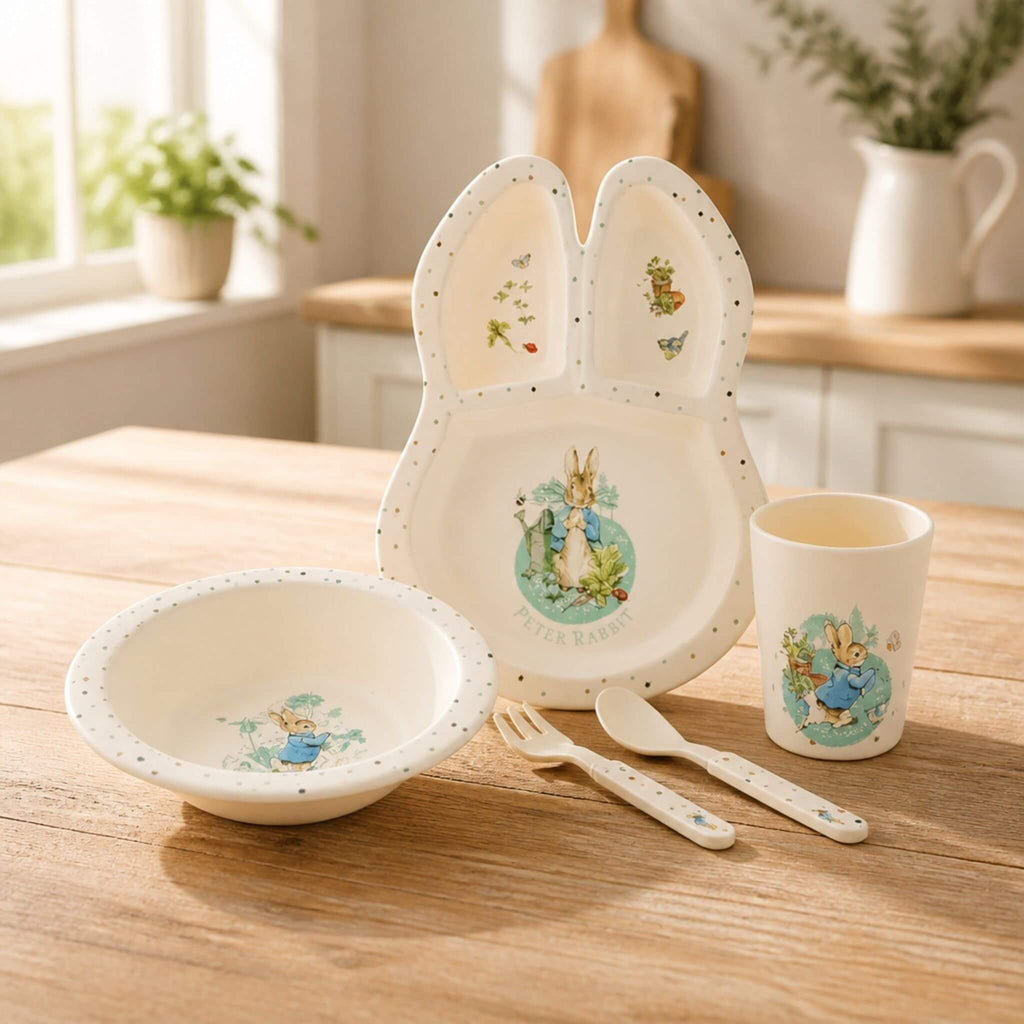 Peter Rabbit dinnerware set featuring a bunny-ear shaped divided plate, bowl, cup, fork and spoon on a wooden kitchen table
