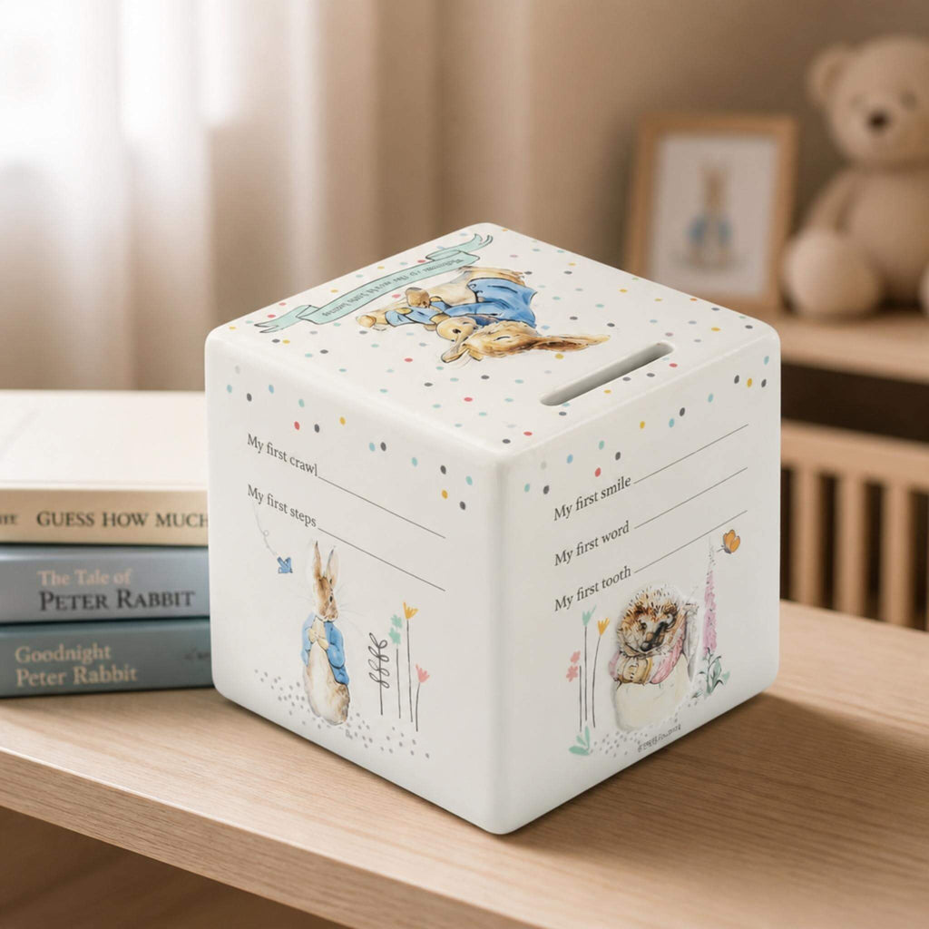 Peter Rabbit ceramic milestone money box with baby's first crawl, steps, smile, word and tooth record lines - nursery keepsake gift Australia