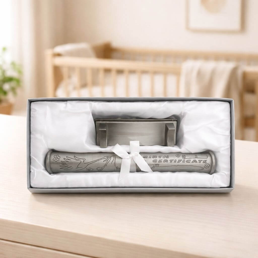 Pewter birth certificate holder and photo frame gift set in presentation box - newborn baby keepsake gift, Little Cutlery Australia