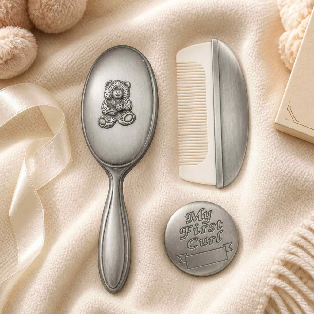 Pewter baby hair brush, comb and My First Curl keepsake set with teddy bear design - christening gift Australia