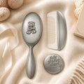 Pewter baby hair brush, comb and My First Curl keepsake set with teddy bear design - christening gift Australia