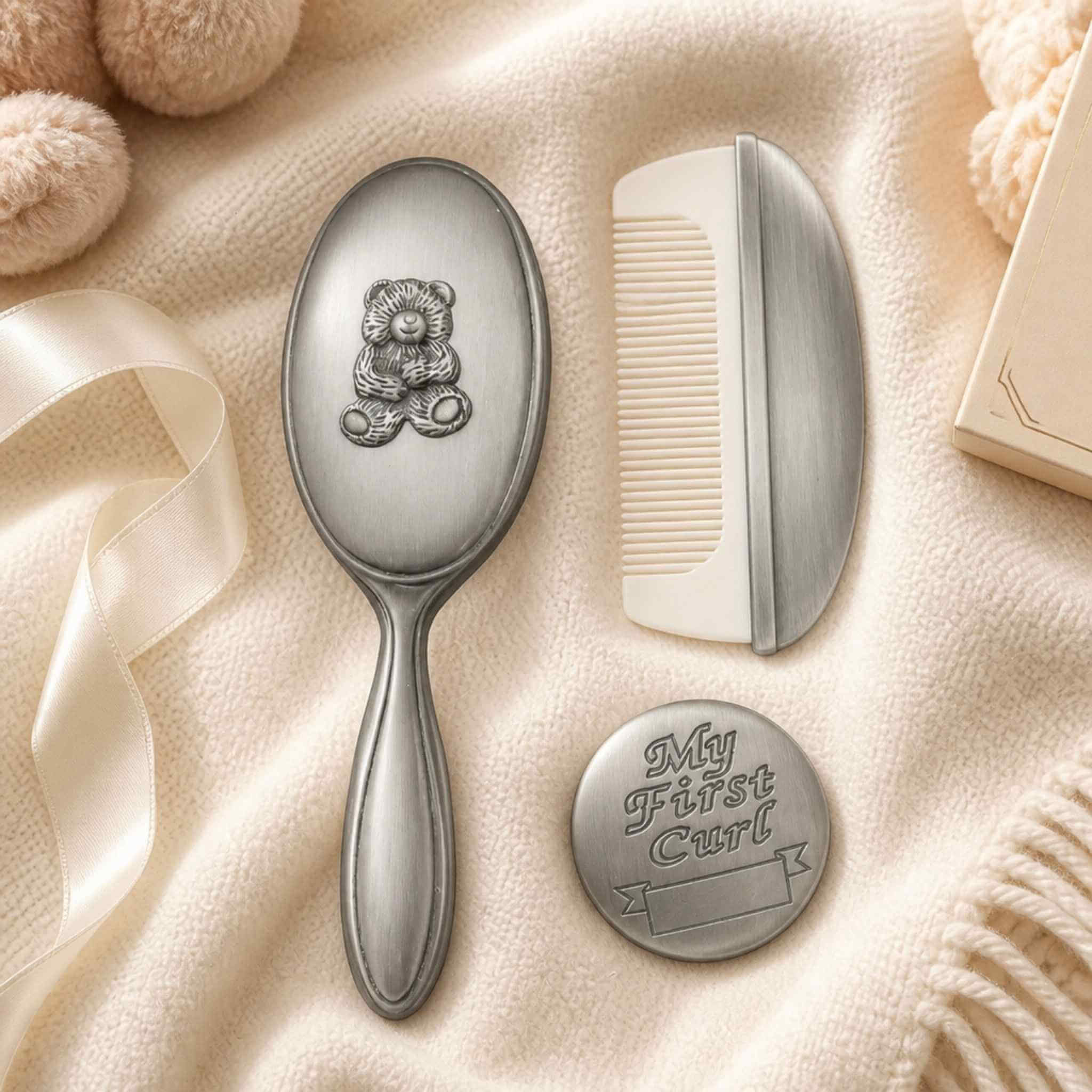 Pewter baby hair brush, comb and My First Curl keepsake set with teddy bear design - christening gift Australia