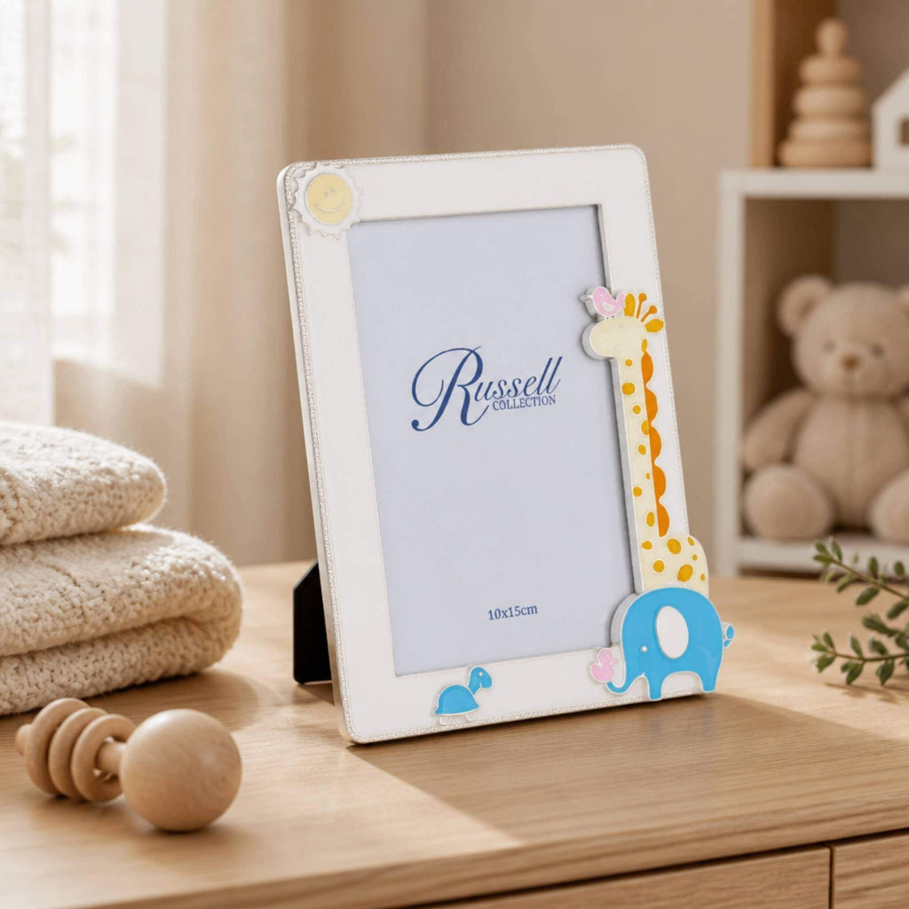 Russell Collection Giraffe photo frame with elephant and animal design displayed in nursery setting - white 4x6 inch baby gift on timber surface, Little Cutlery Australia