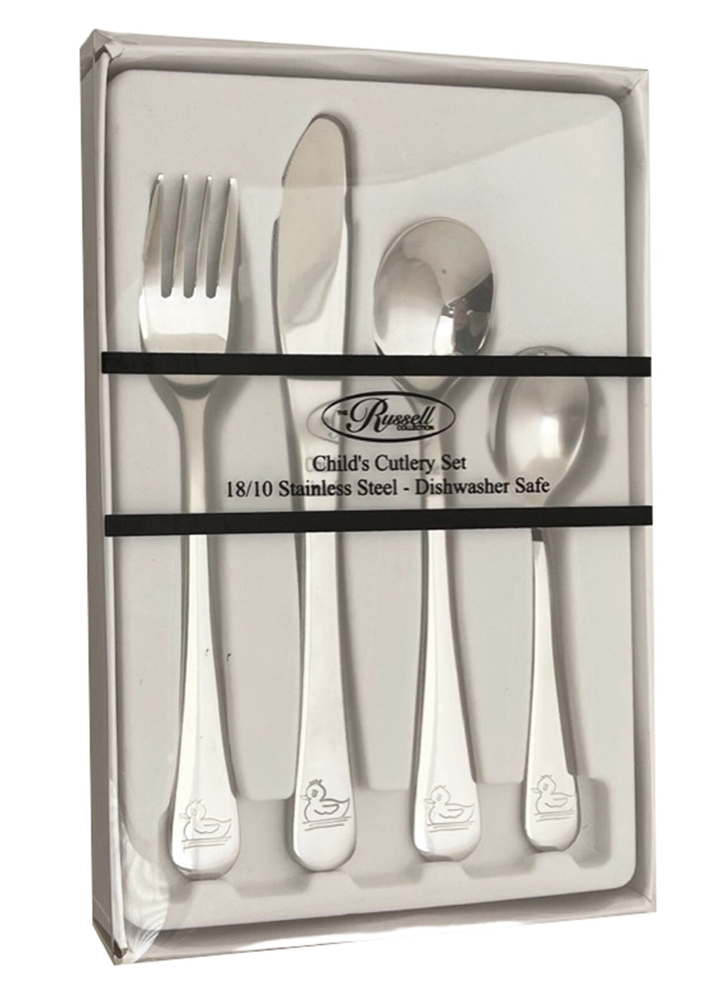 Russell Collection children's cutlery set - 4 piece 18/10 stainless steel dishwasher safe knife fork and spoons with duck design, Little Cutlery Australia