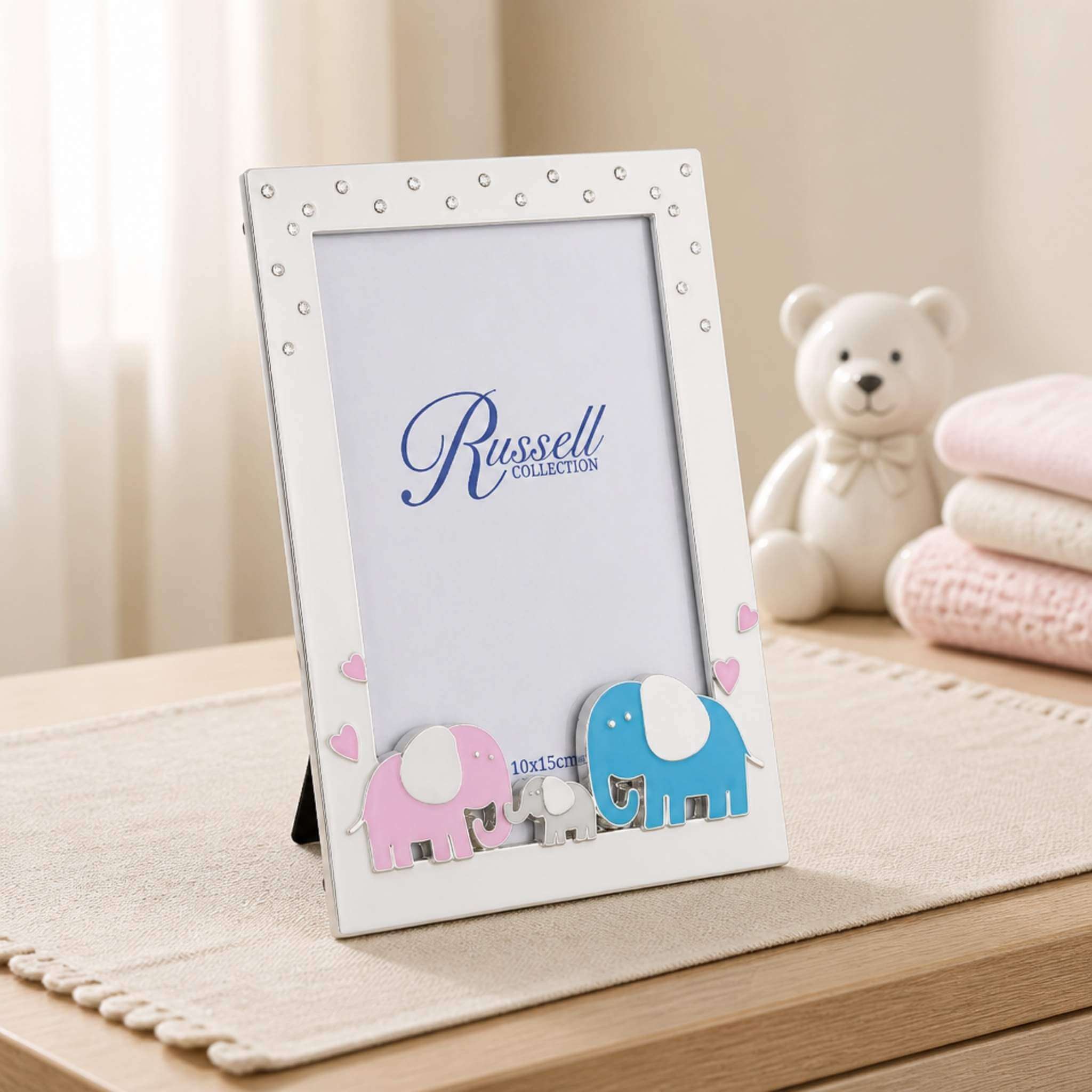 Russell Collection elephant family photo frame with pink and blue elephant design and crystal detailing - 4x6 inch baby gift displayed in nursery setting, Little Cutlery Australia