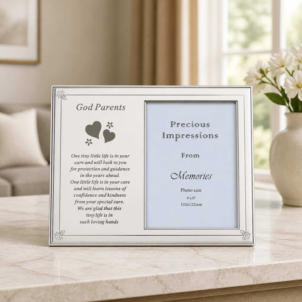 Russell Collection Godparents photo frame with poem and 4x6 inch photo opening displayed on marble surface - white and silver christening gift, Little Cutlery Australia