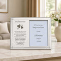 Russell Collection Godparents photo frame with poem and 4x6 inch photo opening displayed on marble surface - white and silver christening gift, Little Cutlery Australia