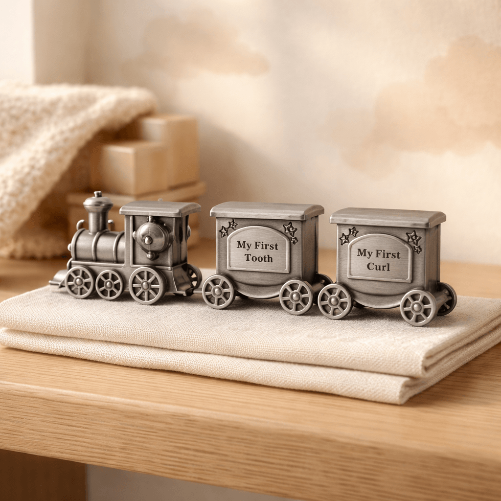 Russell Collection Mint Train First Tooth & Curl Keepsake Set | Baby Gift