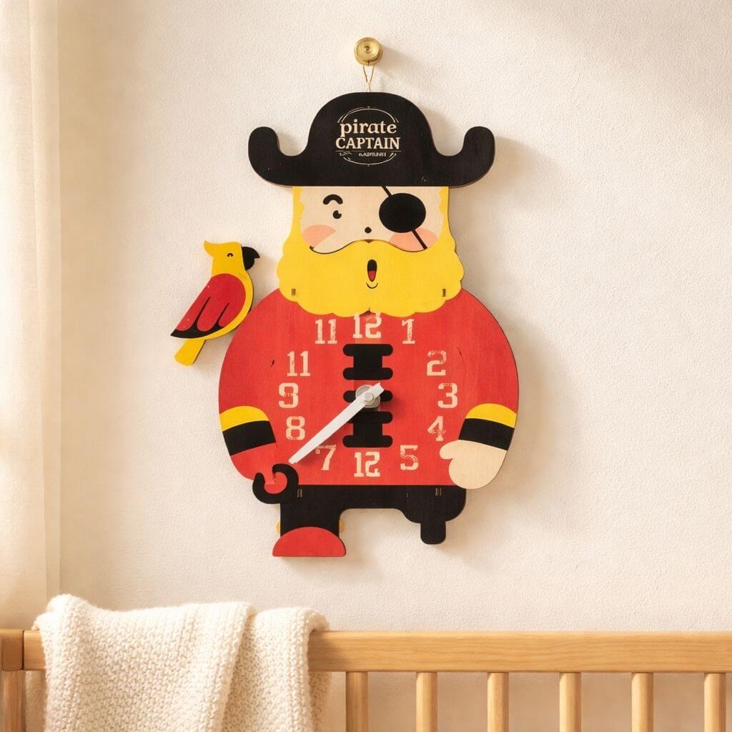 Russell Collection Pirate Captain wooden children's wall clock displayed in nursery - colourful kids bedroom decor gift, Little Cutlery Australia