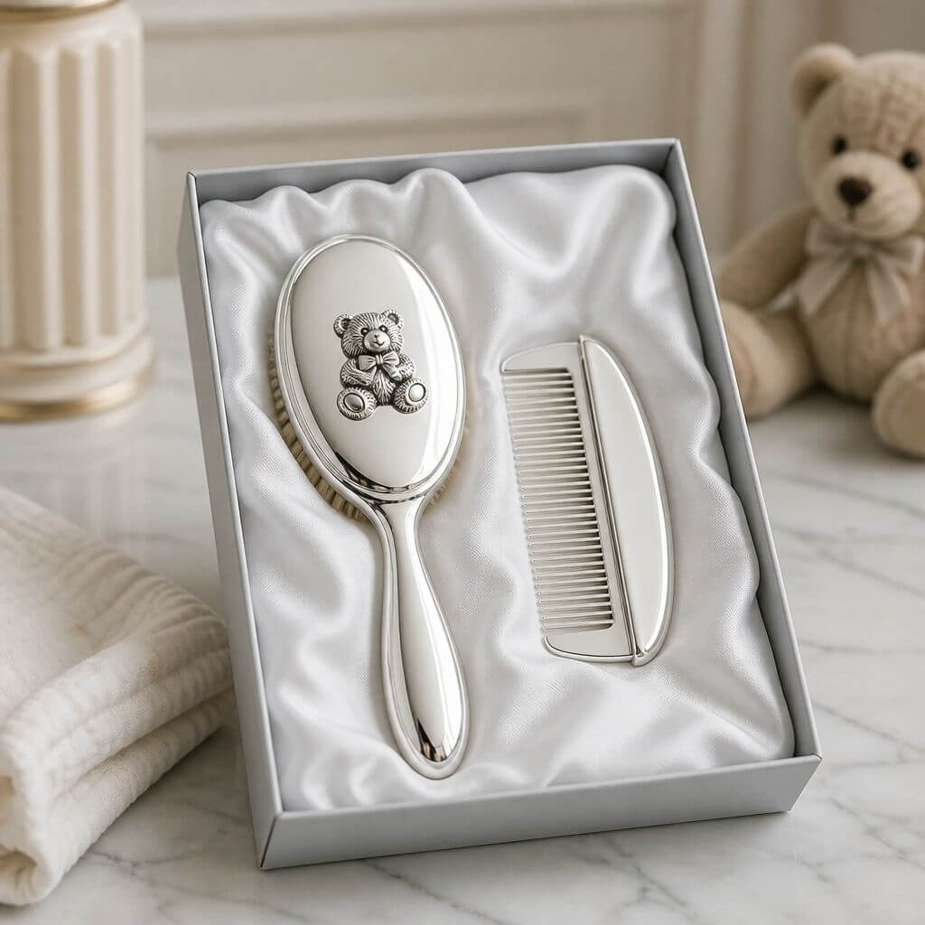 Russell Collection silver plated baby brush and comb set with teddy bear design in gift box - newborn baby shower gift, Little Cutlery Australia