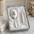 Russell Collection silver plated baby brush and comb set with teddy bear design in gift box - newborn baby shower gift, Little Cutlery Australia