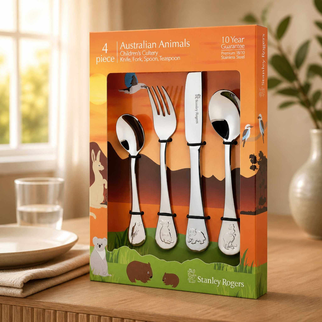 Stanley Rogers Australian Animals children's cutlery set 4 piece in gift box displayed on timber table - stainless steel kids cutlery with koala kangaroo and wombat design, Little Cutlery Australia