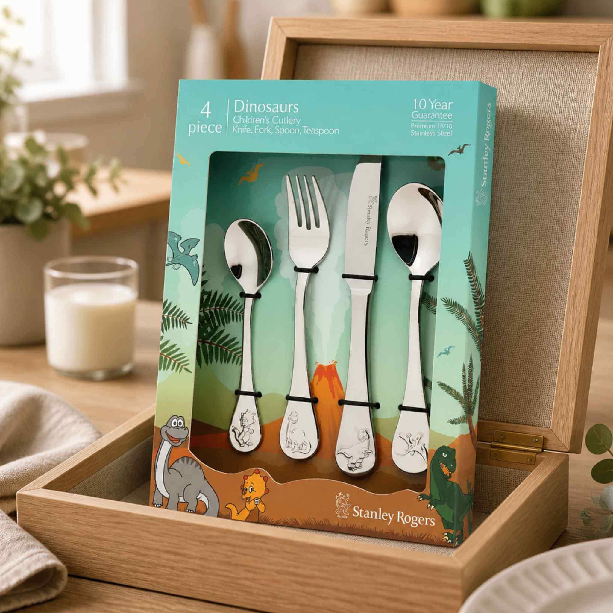 Stanley Rogers Dinosaurs children's cutlery set 4 piece in gift box displayed on timber tray - stainless steel kids cutlery with dinosaur design, Little Cutlery Australia