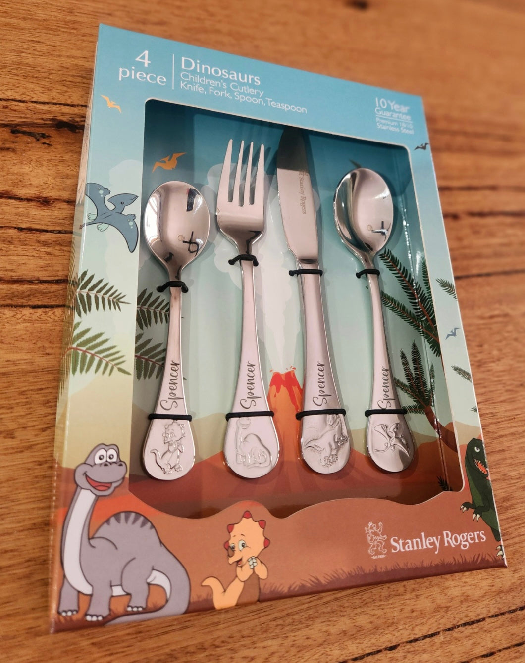 Stanley Rogers Dinosaurs personalised engraved boys children's cutlery set - 4 piece stainless steel knife fork spoon and teaspoon, Little Cutlery Australia