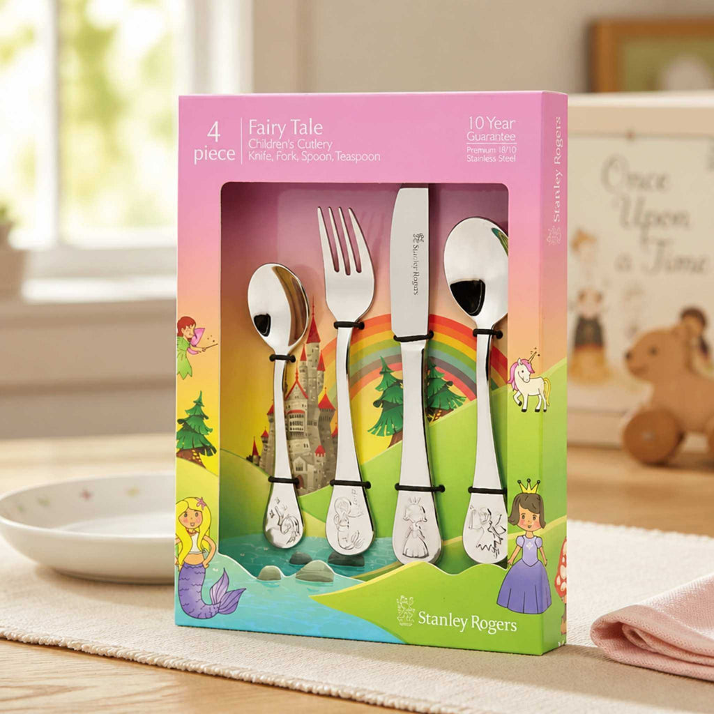 Stanley Rogers Fairy Tale children's cutlery set 4 piece in gift box displayed on timber table - stainless steel kids cutlery with mermaid princess and fairy design, Little Cutlery Australia
