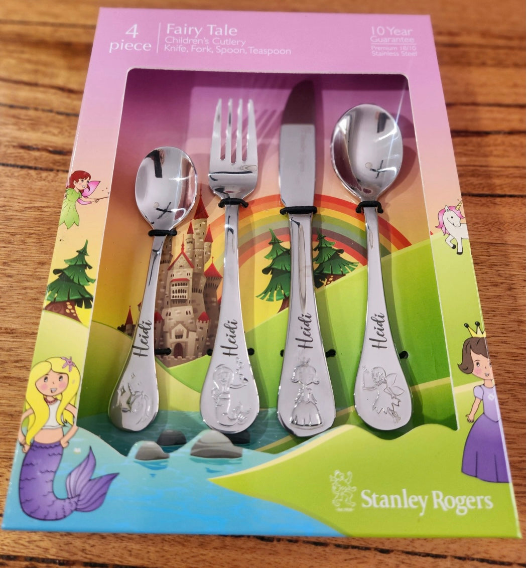 Stanley Rogers Fairy Tale personalised engraved children's cutlery set 4 piece in gift box - stainless steel kids cutlery with mermaid princess and fairy design engraved with name Heidi, Little Cutlery Australia