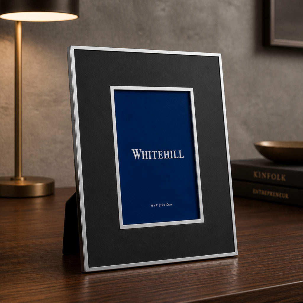 Whitehill Faux Silver Matte Black photo frame 4x6 inch displayed on timber desk - modern tabletop easel frame in contemporary setting, Little Cutlery Australia