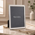 Whitehill Narrow Bead silver plated photo frame 5x7 inch displayed on marble surface with linen cloth - elegant tabletop easel frame with beaded border detail, Little Cutlery Australia