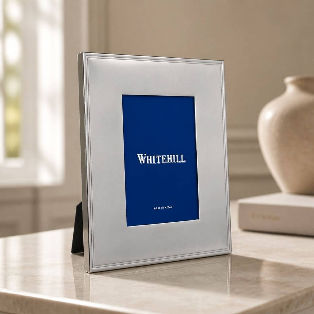 Whitehill Narrow Bead silver plated photo frame 6x8 inch displayed on marble surface - elegant tabletop easel frame in living room setting, Little Cutlery Australia