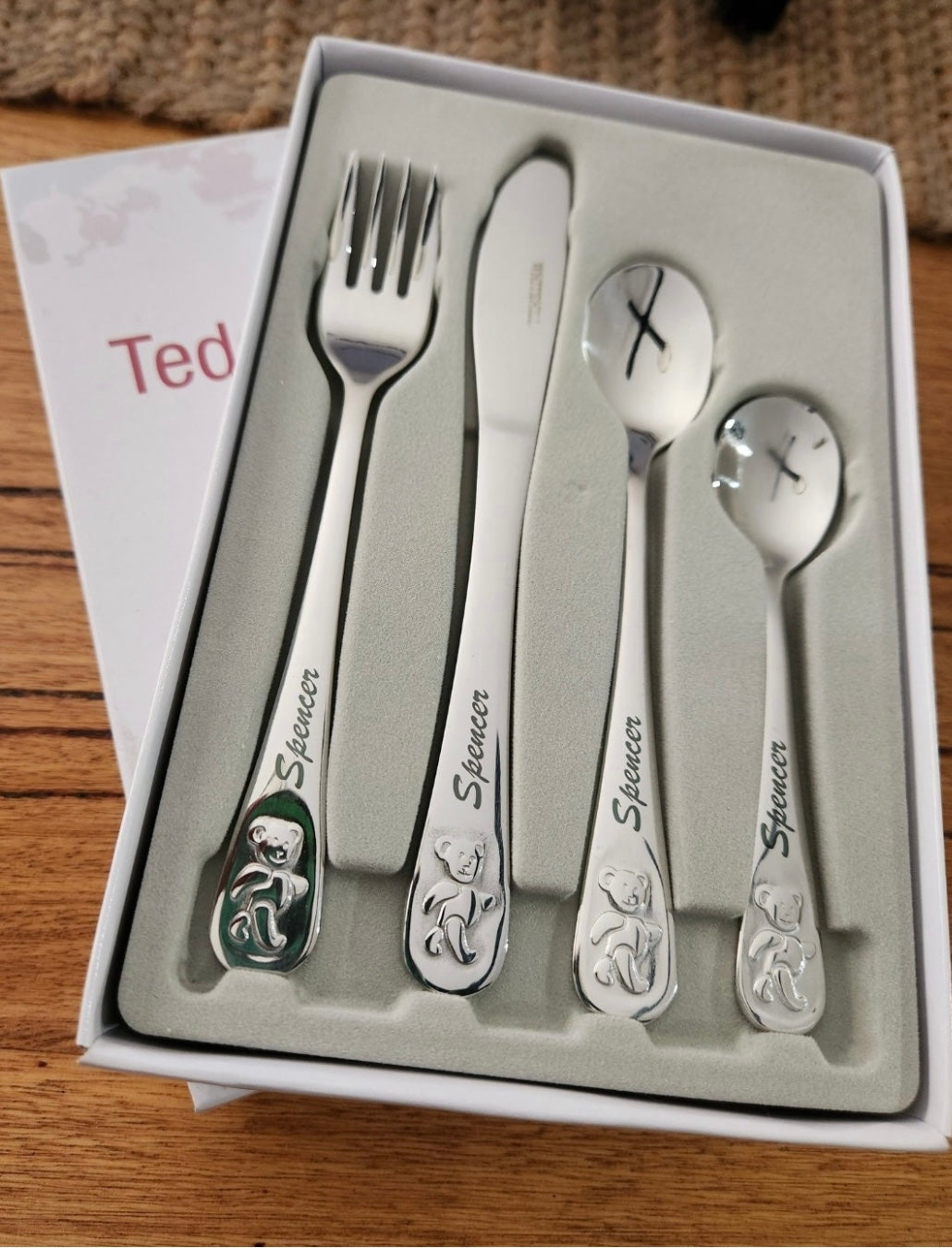 Personalised engraved children's cutlery set with koala design in gift box - custom name engraved fork knife and spoons, Little Cutlery Australia