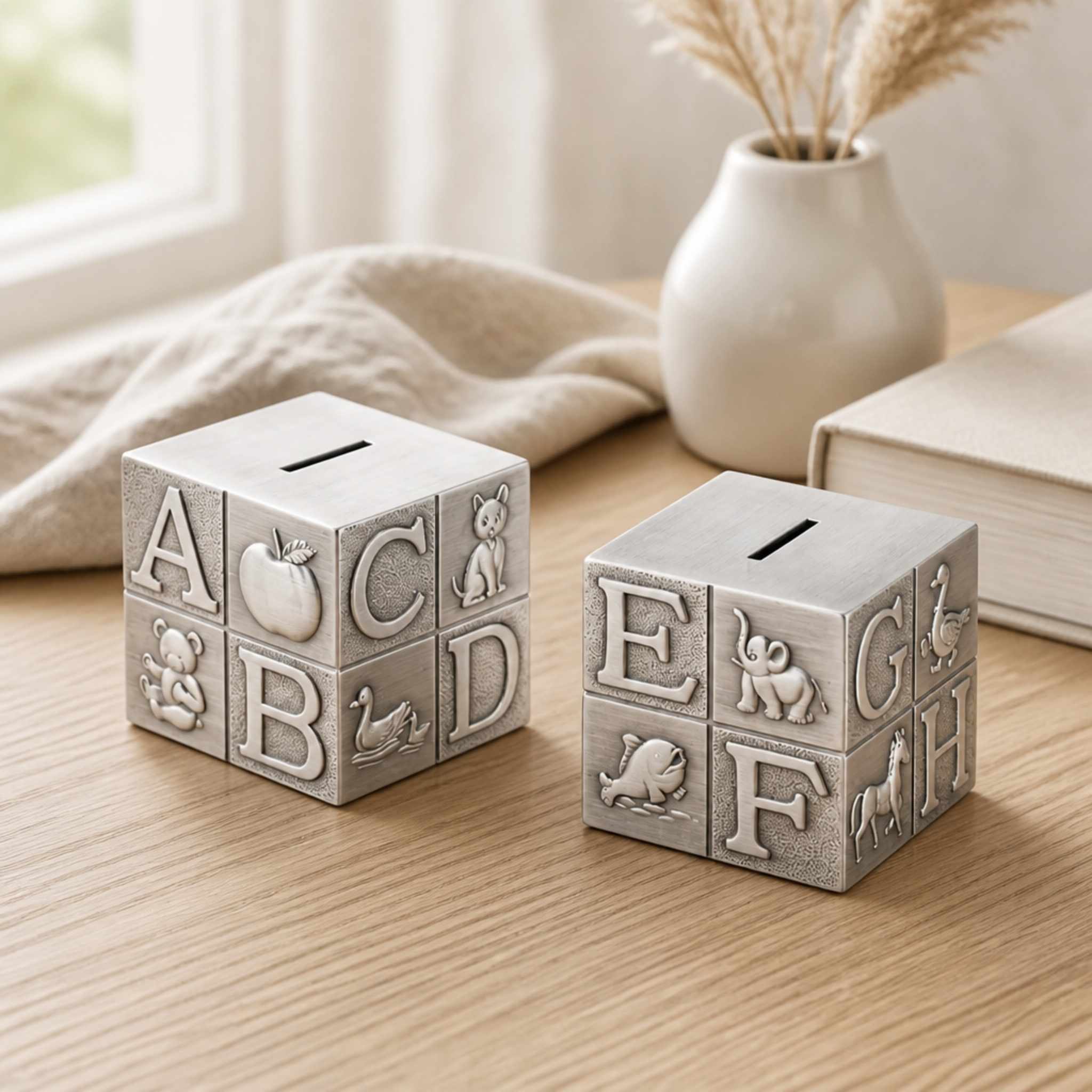 Whitehill pewter effect cube money box with alphabet animal design displayed on timber surface - baby and toddler savings gift showing A to H animal illustrations, Little Cutlery Australia