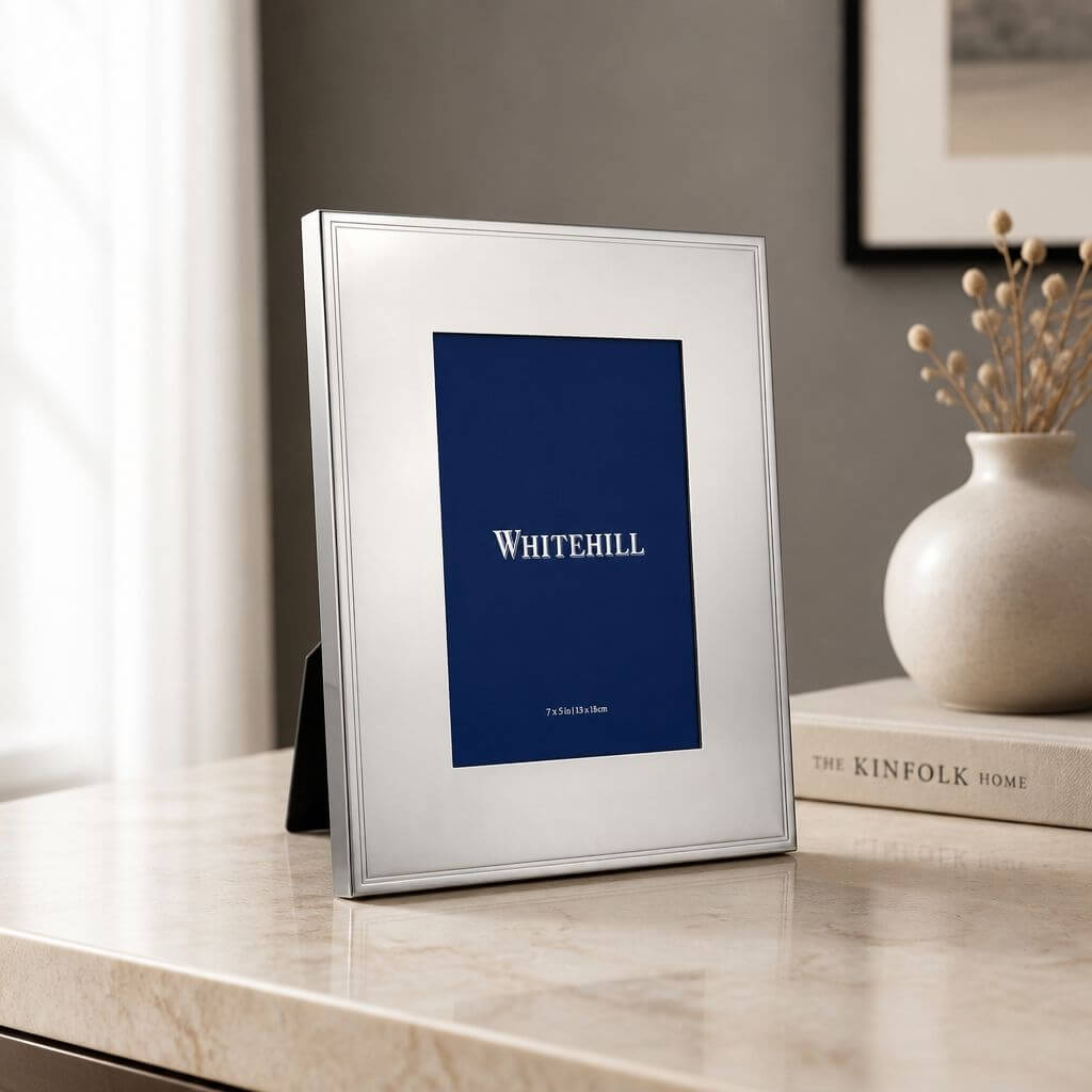 Whitehill Tremont silver photo frame displayed on marble surface - elegant tabletop easel frame 13x18cm 5x7 inch gift, Little Cutlery Australia