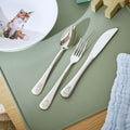 Royal Worcester Wrendale Designs Little Wren children's cutlery set 3 piece displayed on green placemat - stainless steel knife fork and spoon with woodland animal design, Little Cutlery Australia
