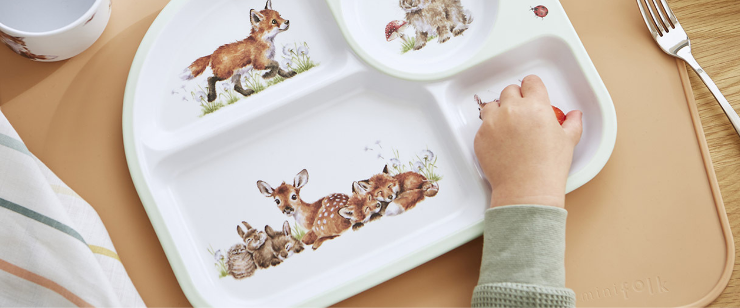 Child using Wrendale Designs woodland animal divided plate - Little Cutlery Australia children's giftware